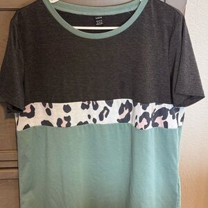 SHEIN Black and Green Colorblock Leopard Print Blouse